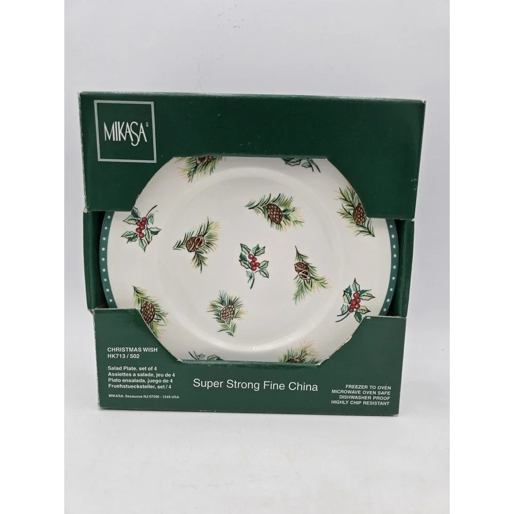 (4) Mikasa Christmas Wish salad Plates HK713 Super Strong Fine China holly‎ pine